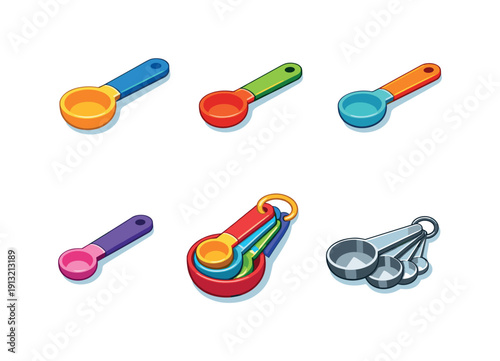 Measuring spoons. Isometric flat vector icons set of measuring spoons: tablespoon spoon, teaspoon spoon, half teaspoon spoon, quarter