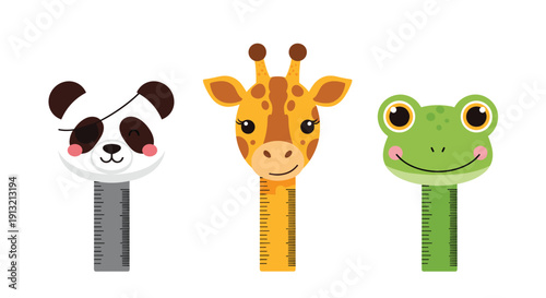 Three adorable animal head puppets featuring a panda with an eye patch, a giraffe, and a green frog attached to colorful measuring rulers.