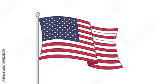 American flag waving proudly on a tall silver flagpole against a plain white background representing patriotism and national pride of USA.