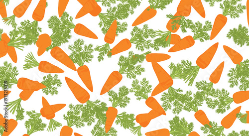 Vibrant seamless pattern of fresh orange carrots with bushy green leaves shown from multiple angles on a simple white background canvas.