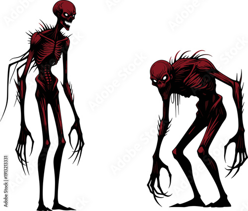 Horror creatures illustration, skeletal humanoid monsters with claws and red skin, eerie fantasy artwork, dark scary design, creepy cartoon style concept