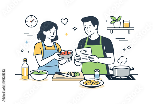 Cooking together. A couple preparing a simple meal in a modern kitchen, exchanging ingredients and smiling while reading a recipe card.