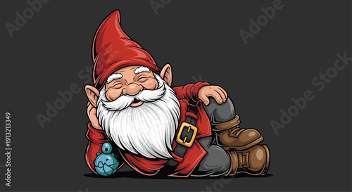 Whimsical garden gnome with a long white beard and a red hat lies down comfortably for a nap against a dark background.