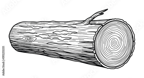 Realistic black and white line drawing of a fallen tree log showing the texture of the bark and the concentric growth rings on the end.