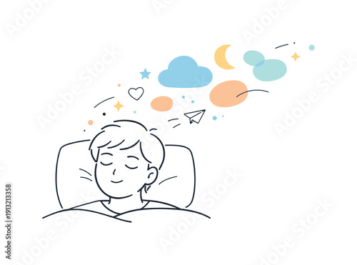 Falling asleep concept. A person with eyes closed as thoughts slowly fade, represented by soft abstract shapes drifting away. Gentle,