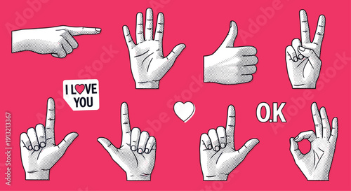 Diverse collection of hand gestures in a vintage stippled style including pointing, thumbs up, and peace signs on a vibrant pink background.