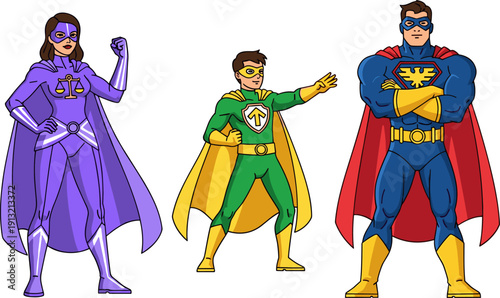 Cartoon superheroes illustration, justice progress strength concepts, heroic characters in colorful costumes with capes and emblems, epic comic style artwork, fantasy action design