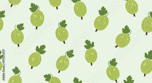 Seamless vector pattern featuring green gooseberries with leaves on a light mint green background for garden, fruit, and organic textile designs.