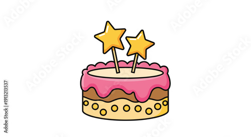 Delicious celebration cake with pink frosting layers and two golden stars as toppers for birthday, anniversary, and special event dessert themes.