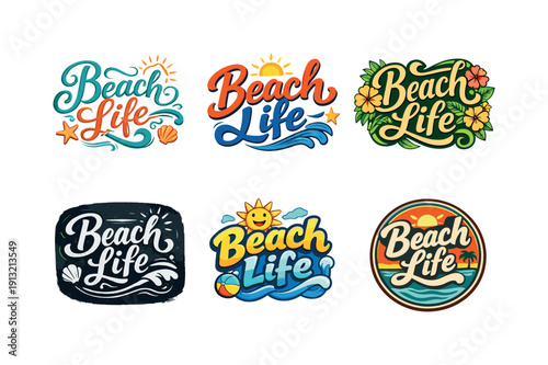 Beachwear Lettering Styles. Beachwear icons. Set lettering. harmonious lettering variations of the same emblematic concept, each with different artistic