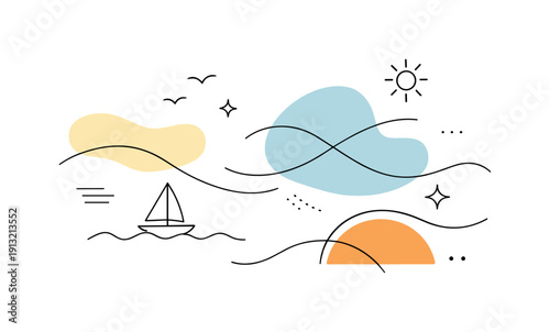 Abstract summer shapes motion. Flowing lines and shapes suggesting gentle movement and summer air. The mood is dynamic yet calm and minimal.