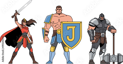 Fantasy warrior characters illustration, heroic fighters in armor, sword shield hammer battle scene, medieval combat concept, cartoon style warriors, epic adventure artwork