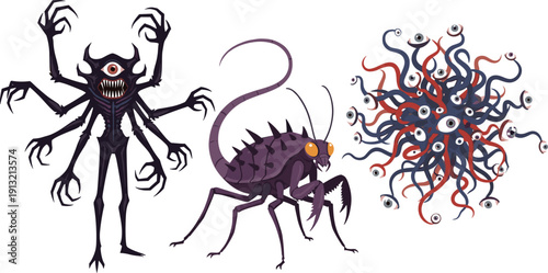 Fantasy monsters illustration, three unique horror creatures with claws eyes and tentacles, dark eerie artwork, sci-fi fantasy concept, creepy cartoon style design