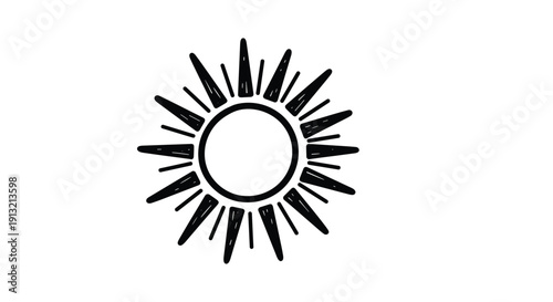 Hand drawn sun icon featuring many rays in a sketchy black ink doodle style for summer weather, sunshine, and natural energy graphic design elements.