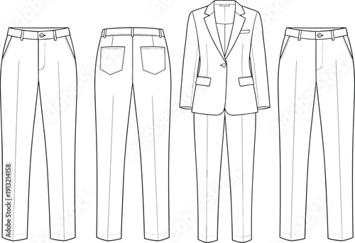 Fashion illustration of a women's suit with front and back views of trousers and a jacket Description: A fashion illustration