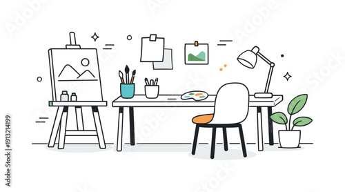 Personal art studio at home. A minimalist room with a desk, chair, and creative materials, showing a balanced and uncluttered environment.