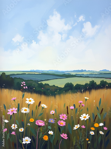 Impressionistic Landscape Painting of Wildflowers and Distant Fields