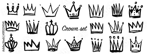 Crown monochrome oodle crayon hand drawn sketches set. Pencil king queen royal diadem vector line art. Textured chalk graffiti spray illustration collection.