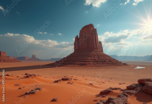 Isolated Butte Rising in Austerity Amidst Desert Sands under Intense Sunlit Aura