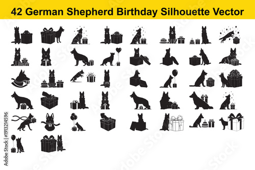 German shepherd dog silhouettes for birthday celebration with gifts and cakes vector collection