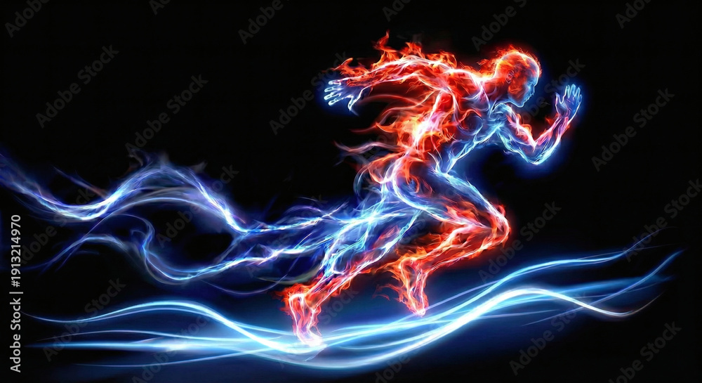 Obraz premium Sprinter athlete in explosive run, abstract neon silhouette with glowing red and blue energy trails, olympic track and field competition