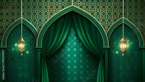 Green Islamic archway with gold trim and hanging lanterns interior design