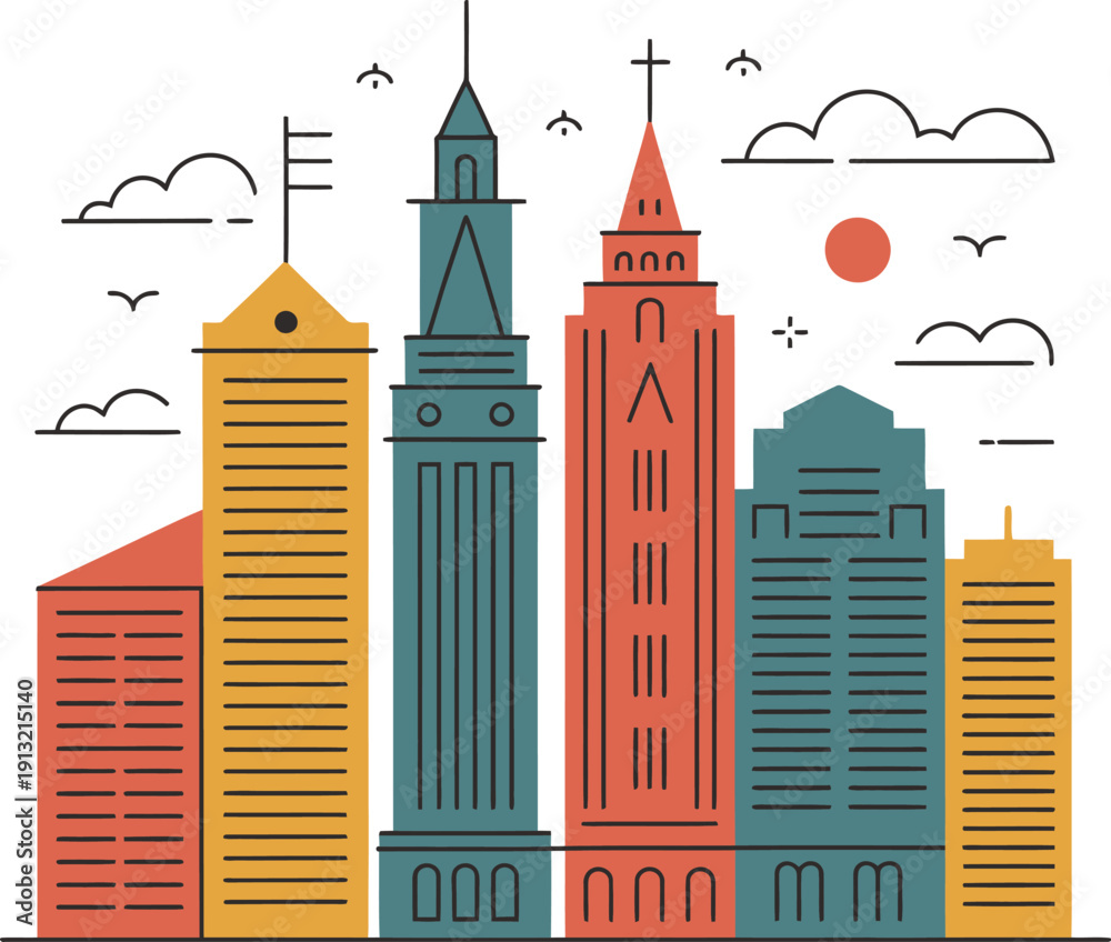 Obraz premium Retro city skyline logo illustration with line art buildings clouds sun and flying birds