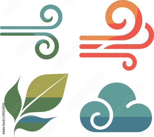Natural wind breeze logo icon set with leaf and cloud shapes in flat minimal design style