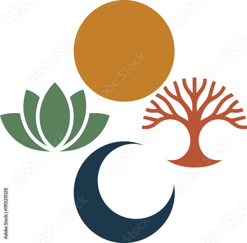 Nature symbols collection including moon sun tree and lotus for logo