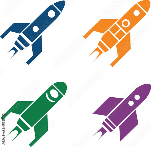 Set of four colorful rockets flying up space ship technology logo vector flat illustration