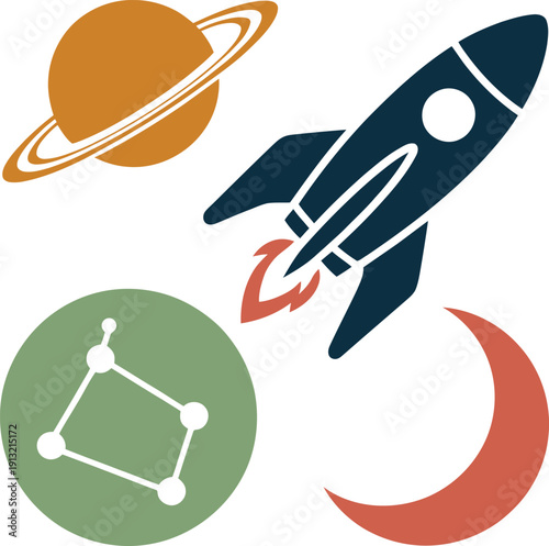 Space and astronomy icons with saturn, rocket, constellation, and crescent moon logo