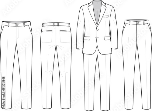 Fashion illustration of men's suit components in outline style Keywords: men's fashion, suit, trousers, jacket, outline