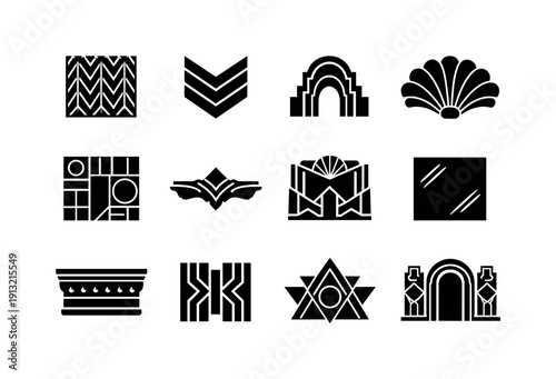 Art Deco interior details. Solid icon set of Art Deco interior details: zigzag pattern panel, chevron motif, stepped arch, fan pattern