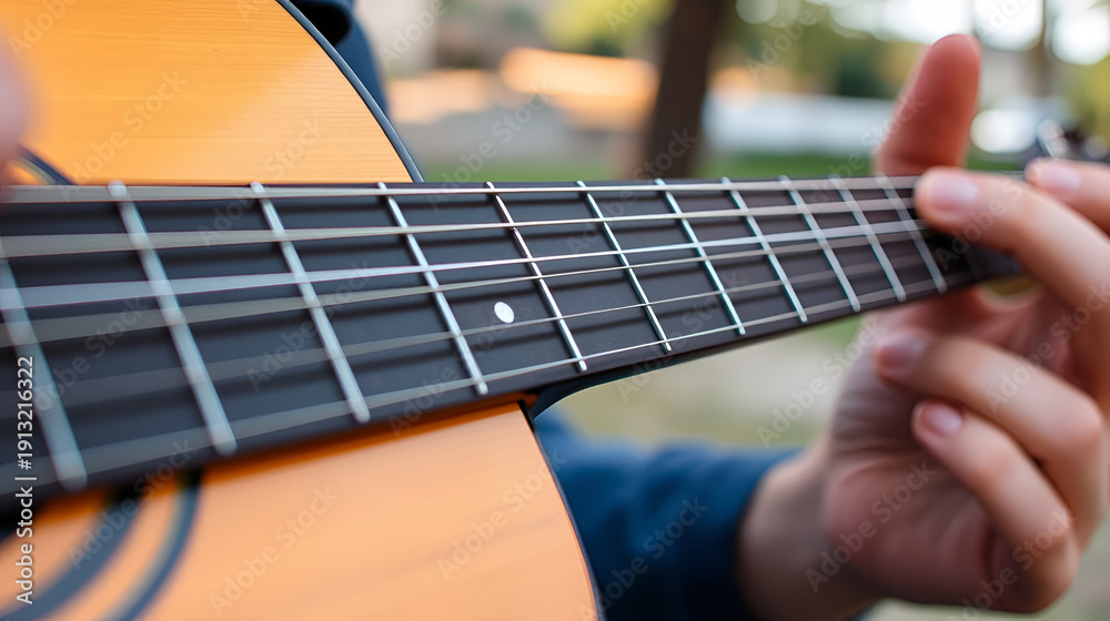 Fototapeta premium Musician's hand frets notes on a classical guitar's fretboard. Extreme close-up showcasing finger placement, nylon strings, and outdoor setting.