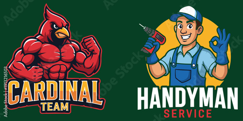 Muscular red cardinal mascot and handyman with drill and okay sign on green Keywords: cardinal, bird, mascot, team, strength