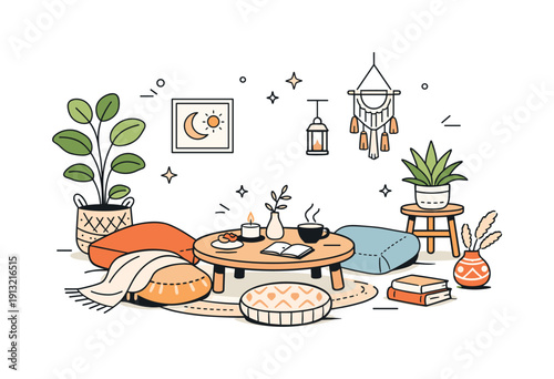 Bohemian living corner. Floor cushions, a low table, plants and soft textiles creating a relaxed nook. Calm comfort, slow living and artistic