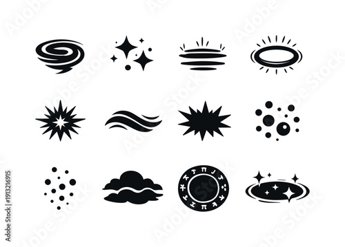 Magic Aura Elements. Solid icon set of Magic Aura Elements: energy swirl, sparkles, levitation lines, aura ring, glow effect, arcane wave,