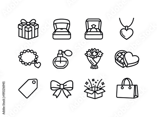 Romantic Gifts. Line icon set of Romantic Gifts: wrapped present, jewelry box, ring box, necklace pendant, bracelet charm, perfume bottle,