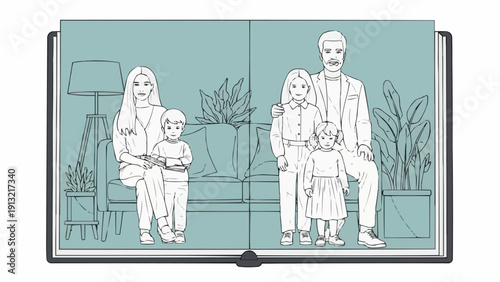 Open book showing a family illustration in a living room setting.