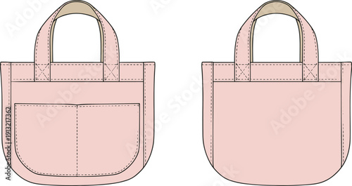 Pink tote bag front and back view fashion flat sketch with pocket vector illustration