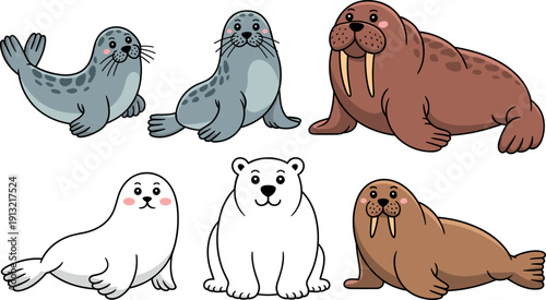 Cute Seal Walrus and Polar Bear Collection Arctic Marine Animals Flat Vector Illustration Set