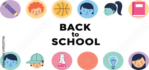 Back to School Round Icon Set Featuring Cute Diverse Student Avatars Pencil Book Basketball Science Flask and Lightbulb Symbols for Education Web and App Design