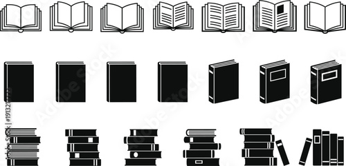 Book Icon Set Collection with Open Books, Closed Covers, Stacked Piles, and Library Silhouettes in Black and White Vector Design