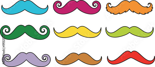 Nine colorful mustache icons with black outlines arranged in a three by three grid on a white background Keywords: mustache