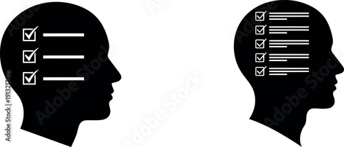 Checklist icons in human head silhouettes for mental planning vector isolated on transparent background