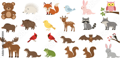 Cute Woodland Animal Vector Set Featuring Forest Wildlife like Bear Fox Deer Rabbit Owl and Squirrel for Childrens Education and Nursery Room Decor