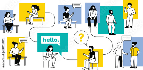 Diverse People Communication and Networking Vector Illustration Set with Male and Female Characters Talking Sitting on Benches and Speech Bubbles for Professional Social Interaction