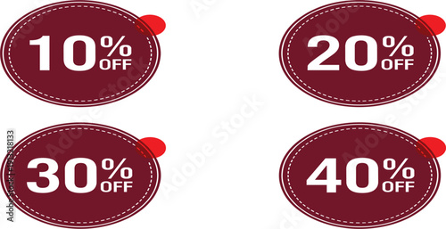 Discount Sale Badge Set with 10 20 30 and 40 Percent Off Labels in Red Oval Sticker Vector Design