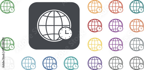 Global Time Icon Set with World Globe and Clock Symbols in Multiple Color Variations for International Business and Web Applications
