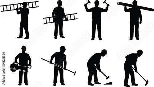 Silhouette construction workers performing various tasks with tools and equipment male